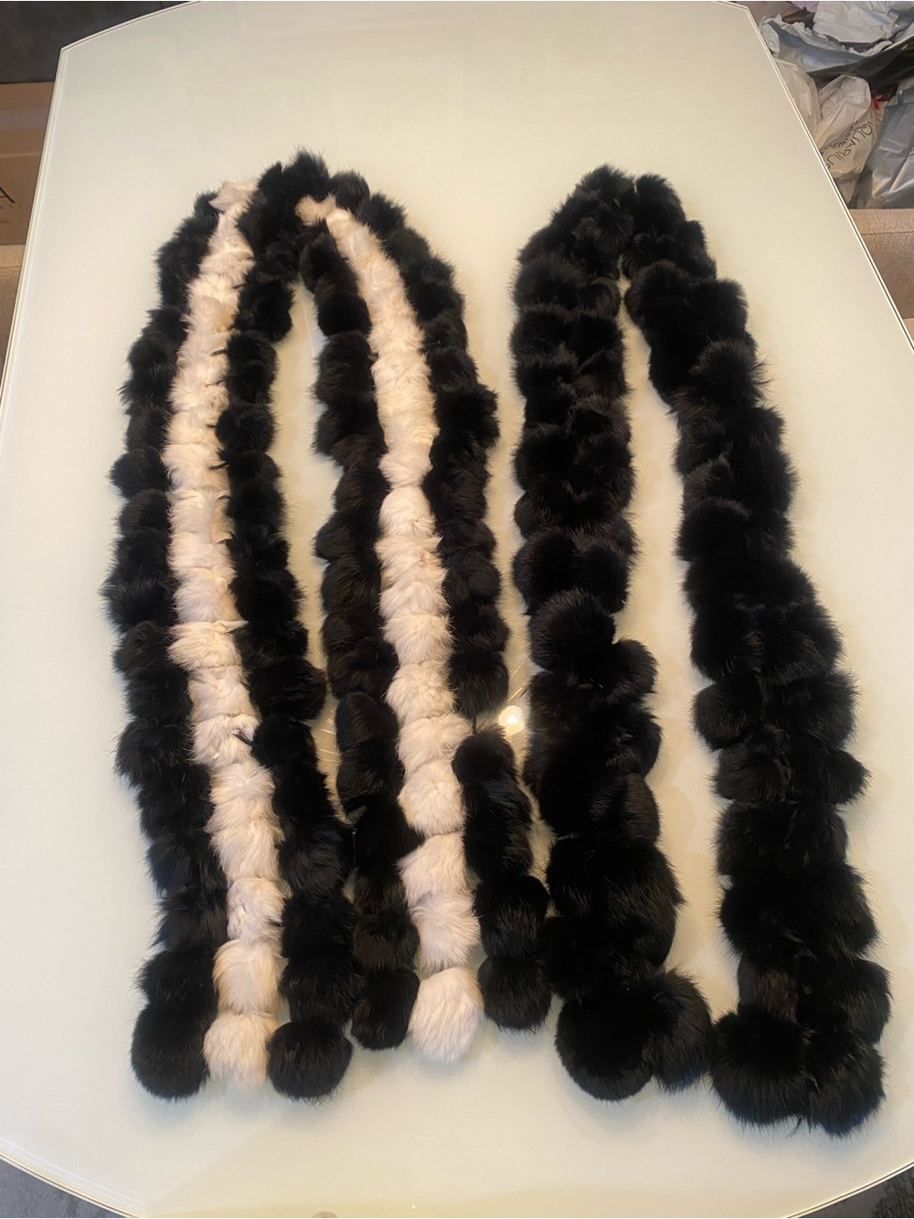 Faux Fur Pom Pom Long Scarf Bundle - Solid Black & Black/White Stripe (2-Piece)